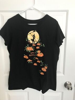 Halloween Witch Full Moon Pumpkins Graphic Cotton T-Shirt Size XL 16-18 Black